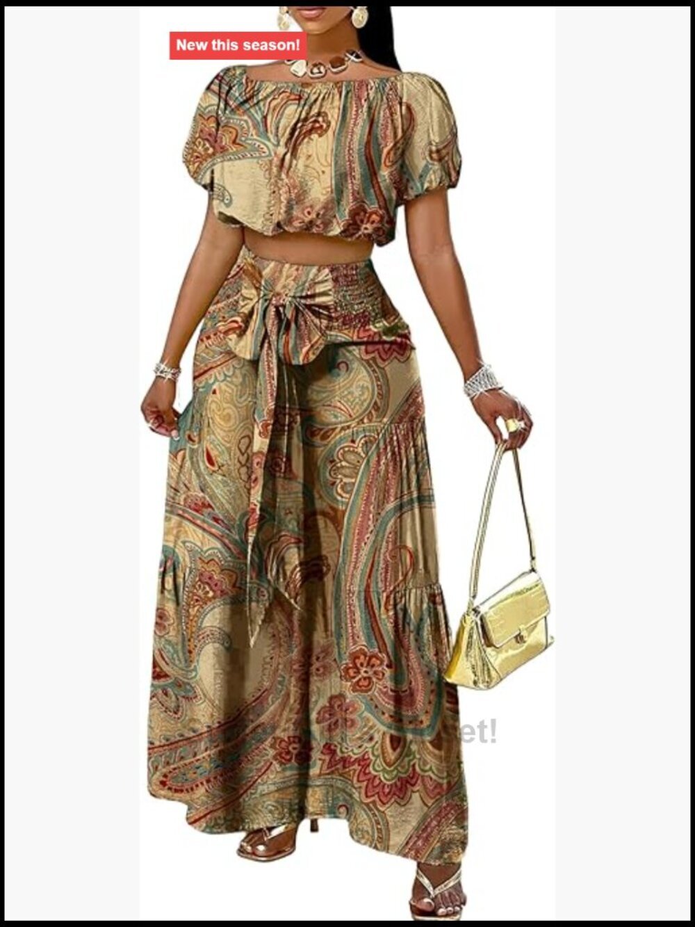 Off Shoulder Puff Sleeve Crop Top & High Waist Wide Leg Pants Set Boho Print